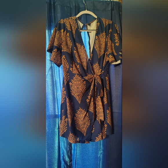 Navy and Orange Patterned Wrap Romper - Picture 1 of 1
